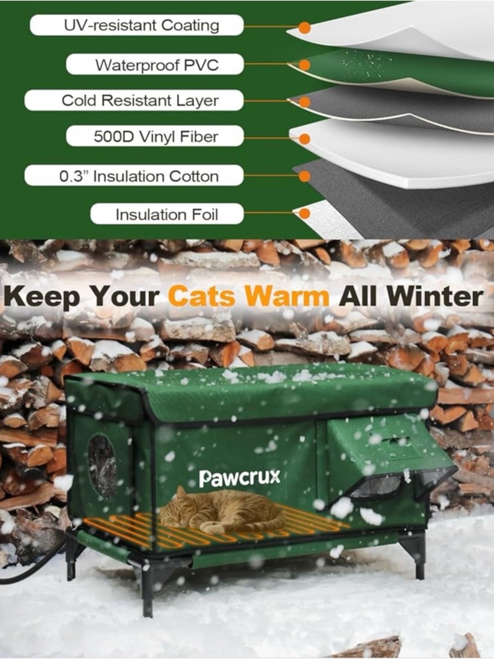 NWOT JLSAME Weatherproof Heated Cat House bed shelter for Outdoors - Green - Picture 5 of 6